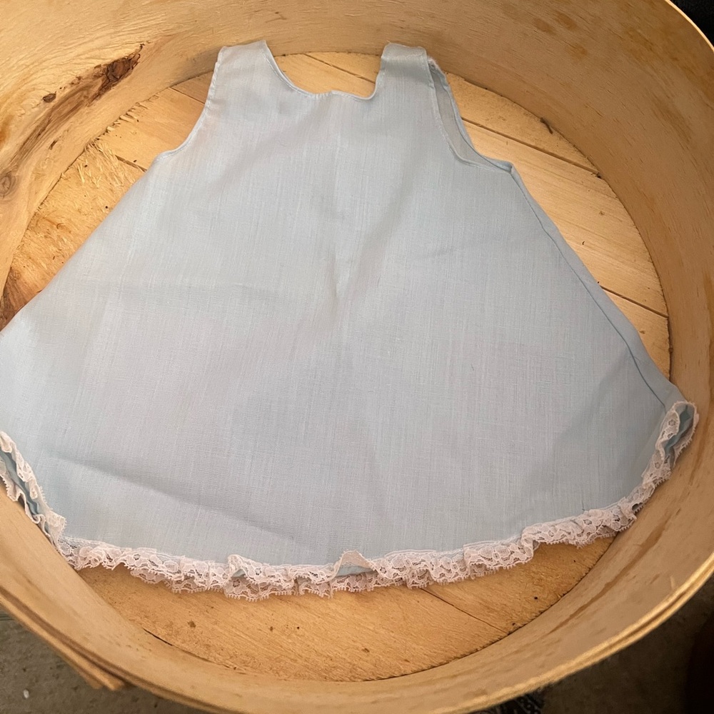 Charming vintage Blue Baby Dress with Lace Hem with matching bonnet. Hand made